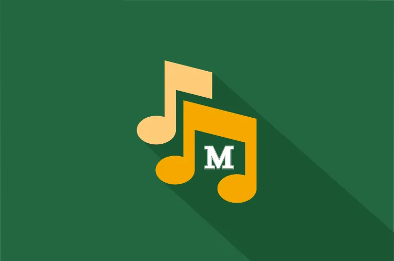 Two gold musical notes with a white Marywood M logo are pictured on a green background.